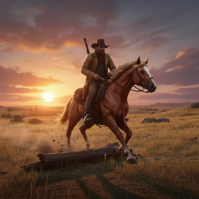 An outlaw character from Red Dead Redemption 2 riding a speedy Missouri Fox Trotter across the plains at sunset.