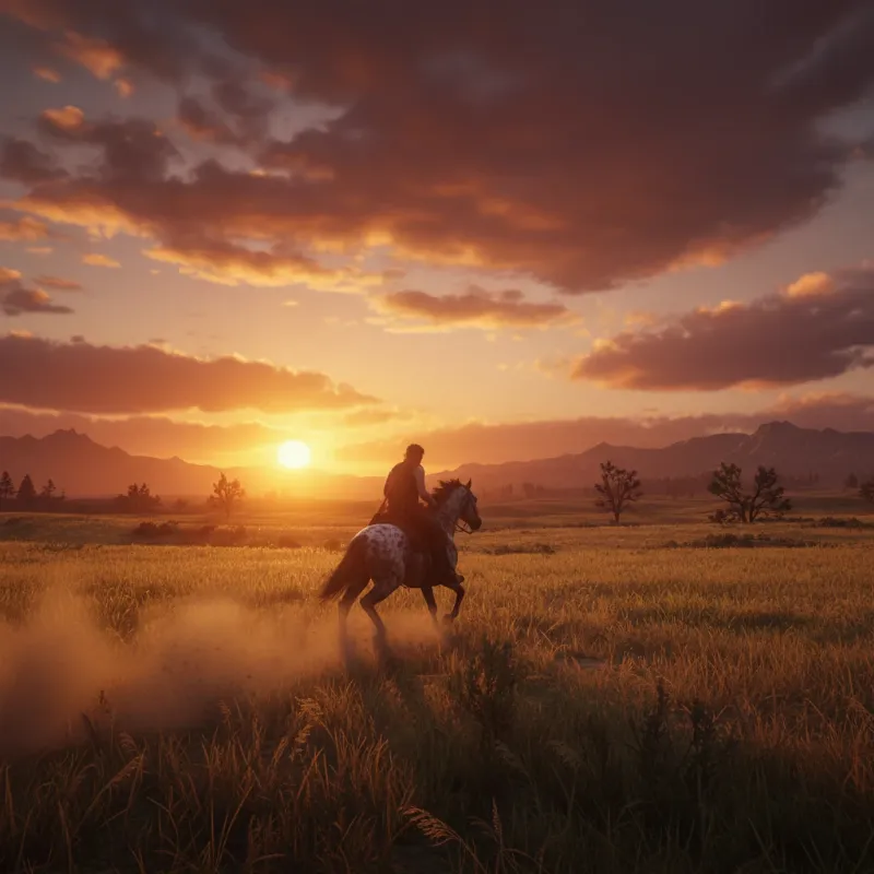 An outlaw riding a powerful Missouri Fox Trotter, another one of the best horses in RDR2 story, at full gallop across the plains of The Heartlands at sunset.