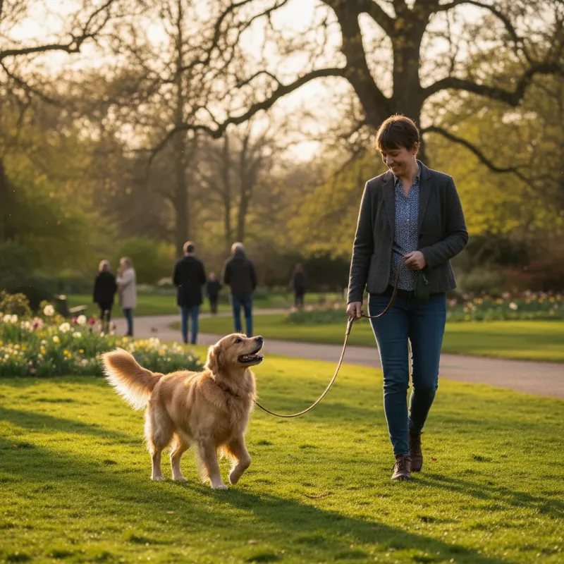 A person demonstrating the best way to leash train a dog by walking a happy Golden Retriever on a loose leash in a sunny park.