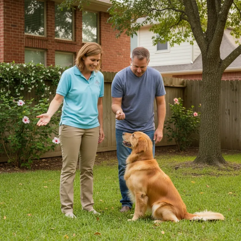 A new owner receiving handover training and bonding with their new trained dog in a Houston backyard