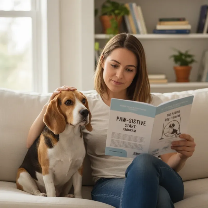A person carefully reviewing a pamphlet for a good dog training program with their attentive dog sitting beside them