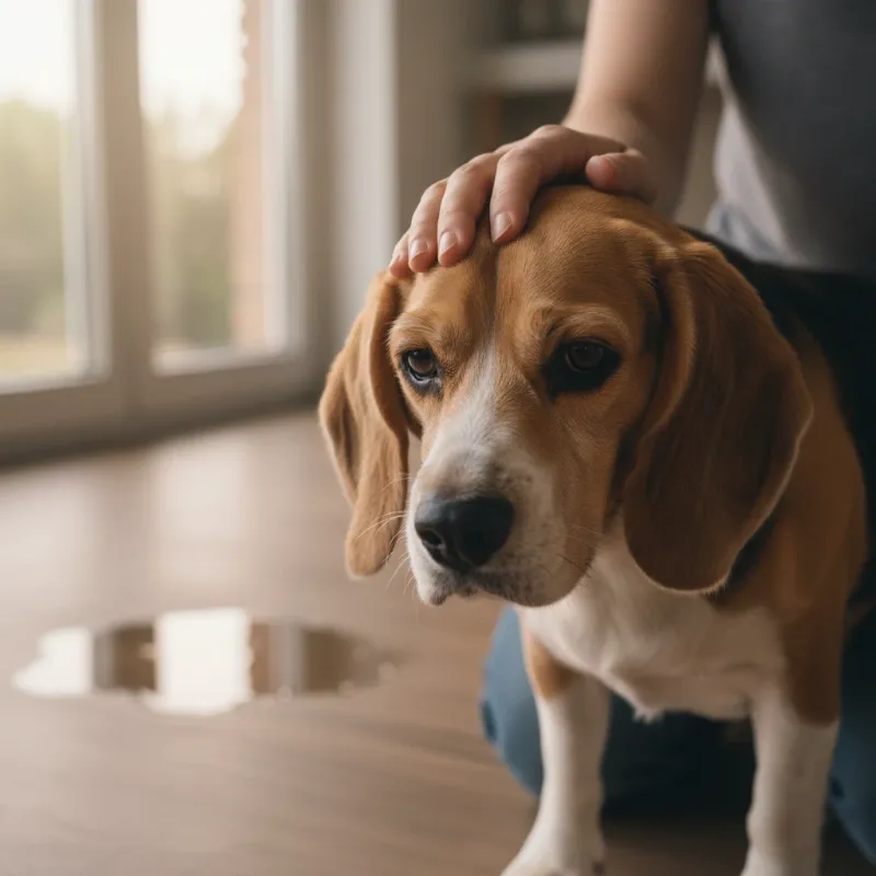 A dog owner calmly comforting their dog, demonstrating positive dog training tips for housebreaking after an accident.