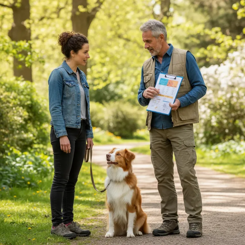 A dog owner looking hopeful while consulting with a behavioral dog trainer near me in a park, discussing a training plan for their reactive dog. 