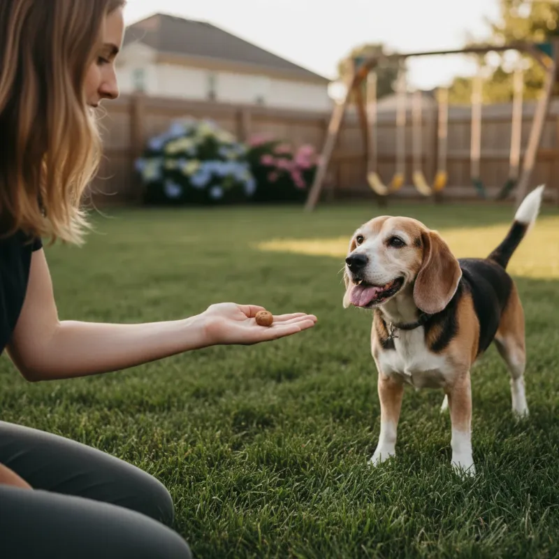 A person patiently teaching an older dog using positive reinforcement, showcasing a strong human-animal bond.