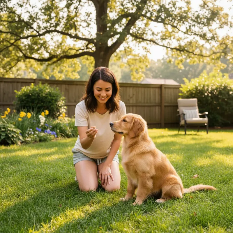 A happy dog owner giving a treat to a small golden retriever puppy on the grass as a reward for successful potty training