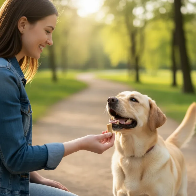 A close-up shot of a person's hand giving a small treat to a Labrador Retriever who is sitting politely and looking up attentively, illustrating a key moment in dog training and obedience classes.