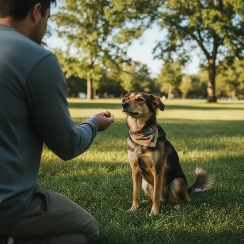 A person's hand giving a small treat to an adult rescue dog sitting patiently on the grass, demonstrating positive reinforcement in house training.
