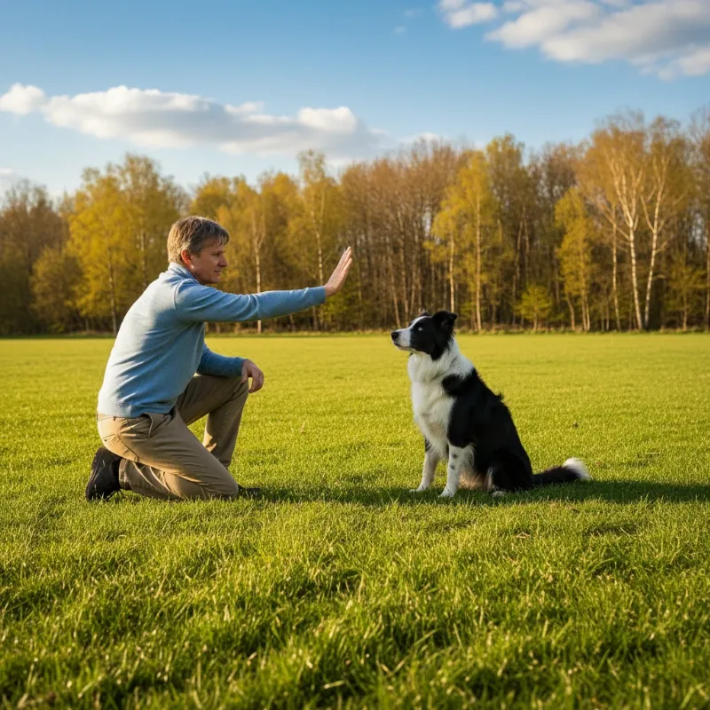 An owner and their attentive border collie practicing a 'stay' command in a sunny park, showcasing a positive training session and the bond between them. This highlights good dog enrichment and training.