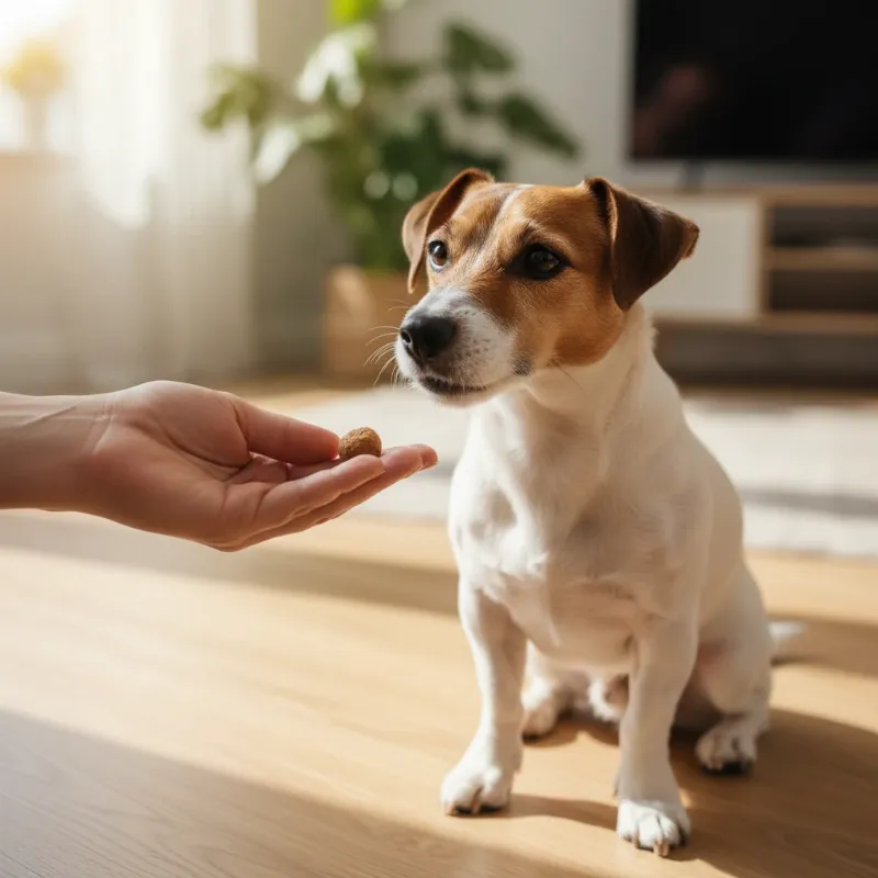 A person patiently training a small terrier with a treat, demonstrating positive reinforcement.