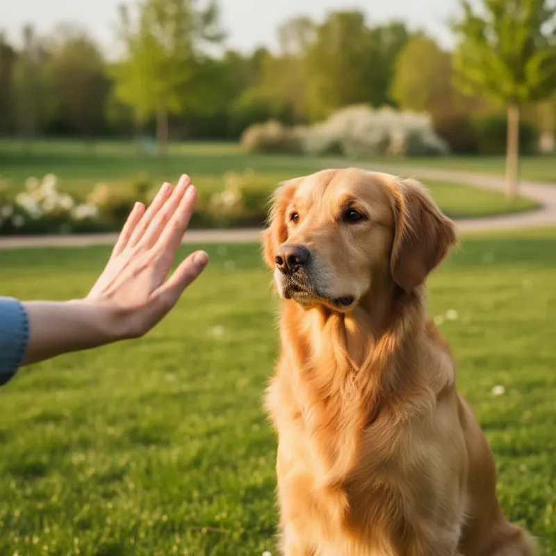 A golden retriever looking intently at its owner's outstretched hand giving the 'stay' signal in a sunny park.