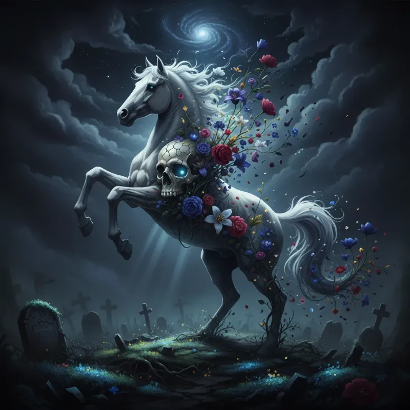 A modern artistic interpretation of the Pale Horse story explained through symbolic imagery of decay and rebirth.
