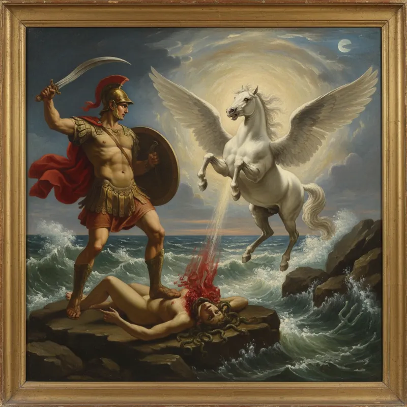 The story of Pegasus the flying horse begins with his dramatic birth from the neck of the slain Medusa, a powerful Greek myth.