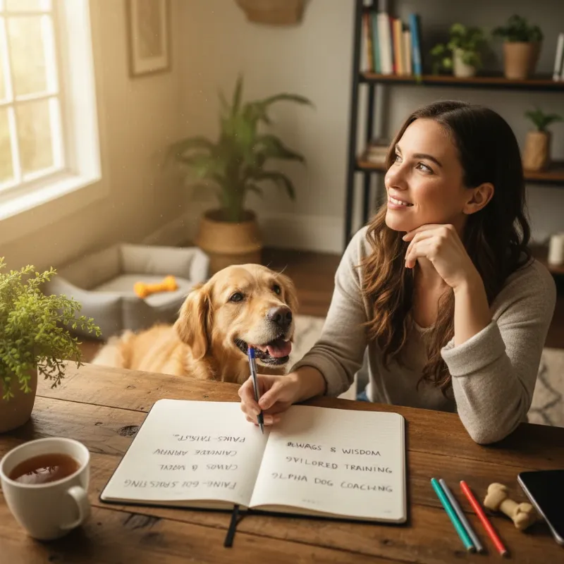 A close-up shot of a person's hands writing dog training business name ideas in a notebook, with a coffee mug and a golden retriever's head resting lovingly on the table nearby.