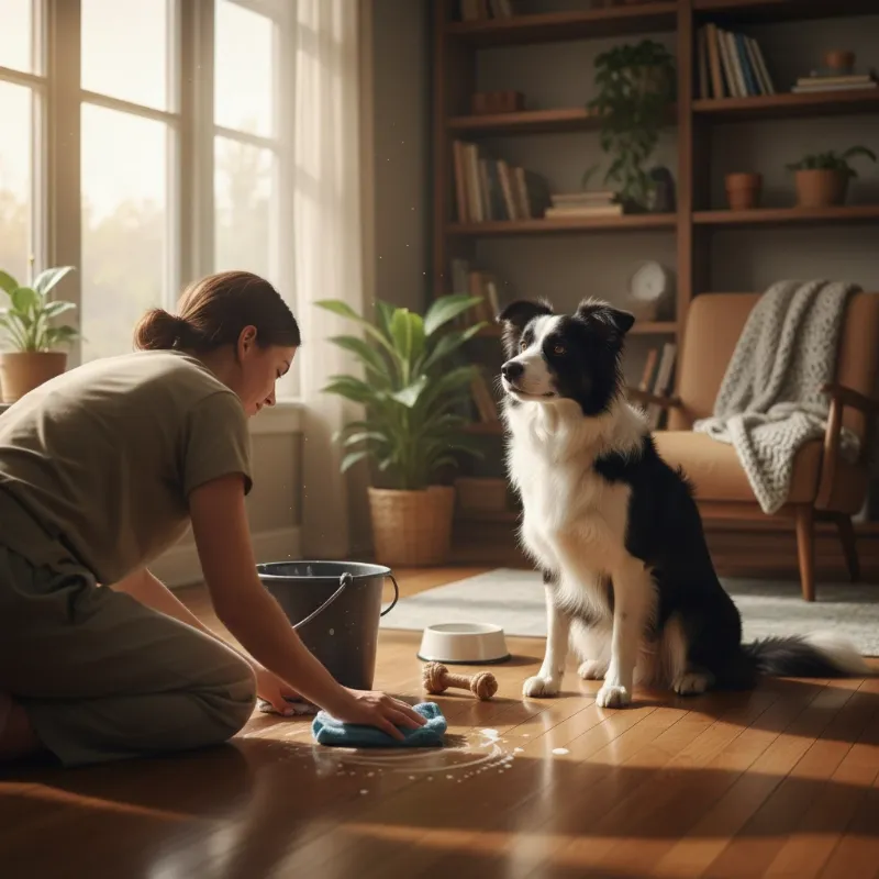 A person patiently cleaning a puddle on a hardwood floor with a spray bottle and paper towels, while their dog sits calmly nearby