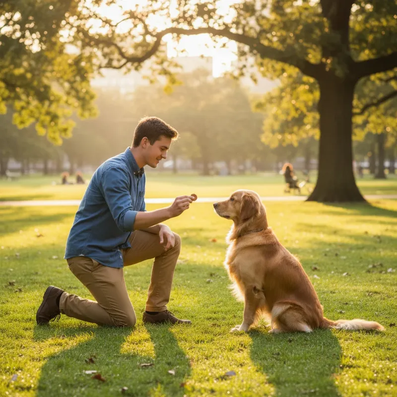A person patiently offering a treat to a happy golden retriever who is sitting attentively in a sunny park, demonstrating the concept of free dog training near me.