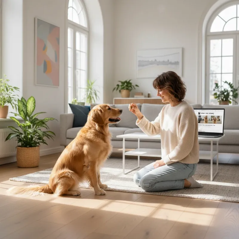 A happy dog owner training a golden retriever in a living room, with a laptop showing the Spirit Dog Training website open on a coffee table.