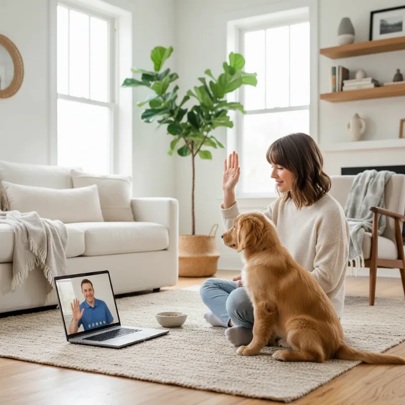 A smiling person using a laptop to participate in free dog training online with their attentive Golden Retriever puppy.