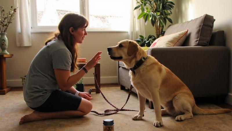 A person patiently training a new dog to sit in a sunny living room, holding a treat as a reward for training a new dog.