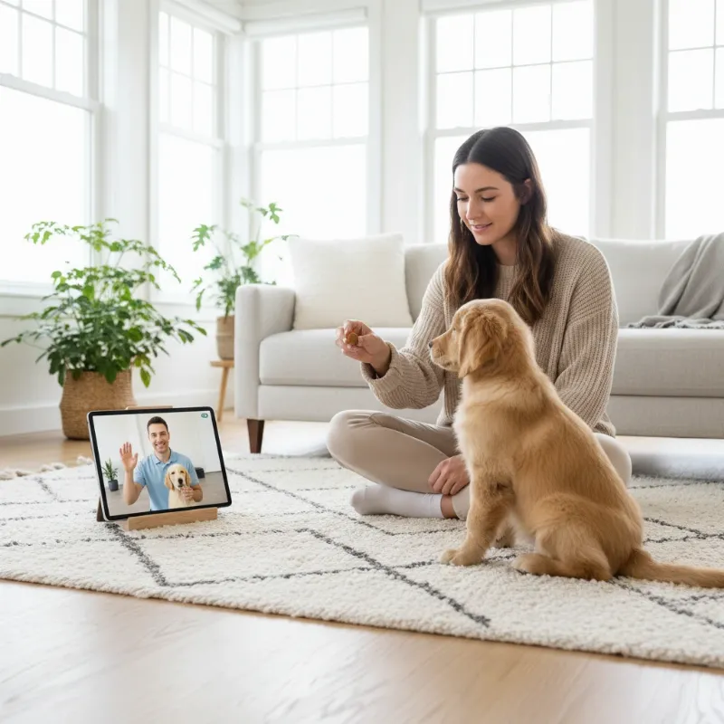 A person sitting on the floor with a happy puppy, pointing to a tablet screen that shows dog training videos for puppies.