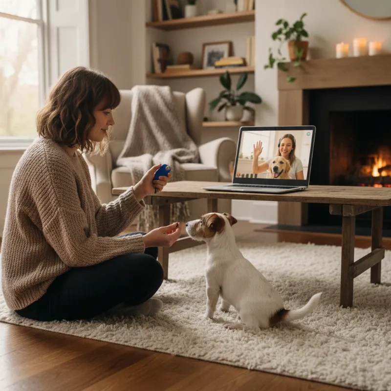 A person sitting on the floor with their puppy, watching an online dog training video on a laptop, illustrating the accessibility of free digital resources.