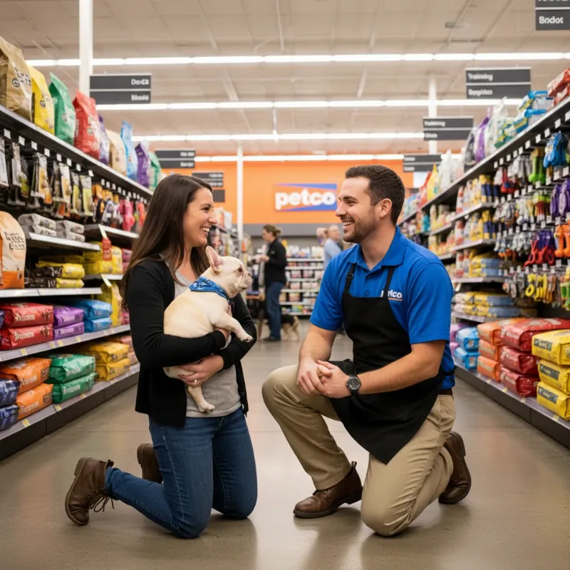 A Petco dog trainer smiling and talking with a customer holding a small puppy, illustrating the service aspect of the Petco dog trainer pay.