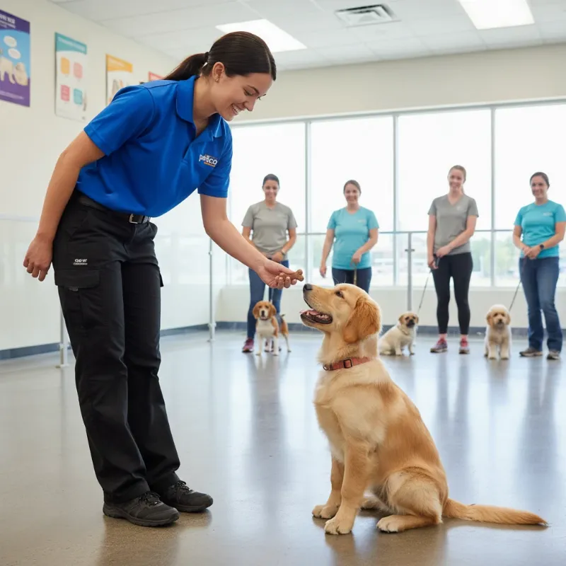 A female Petco dog trainer demonstrating a 'sit' command to a golden retriever in a training class, reflecting the Petco dog trainer pay structure.