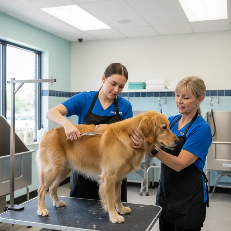 A student learning dog grooming training at PetSmart, carefully trimming a Golden Retriever's coat under a mentor's watch.