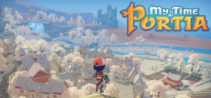 A player character riding a fully trained white horse at full gallop across the scenic fields outside the town of Portia, with the sun setting.