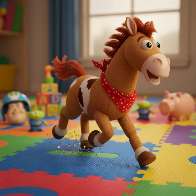 The Toy Story rocking horse character Bullseye in a playful, dynamic pose, suggesting movement and fun.
