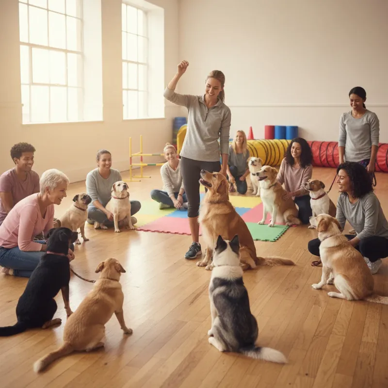 An owner and their golden retriever in a bright, clean training facility participating in a good dog training program