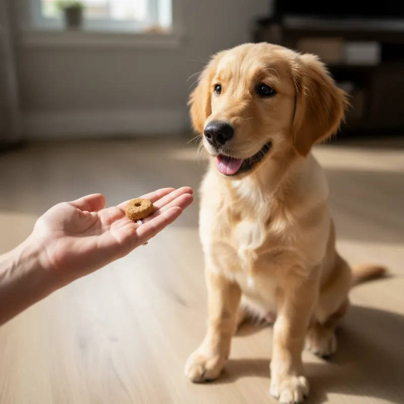An owner joyfully giving a treat to a golden retriever puppy that has just sat down, demonstrating the best dog training methods in a bright, sunlit room.