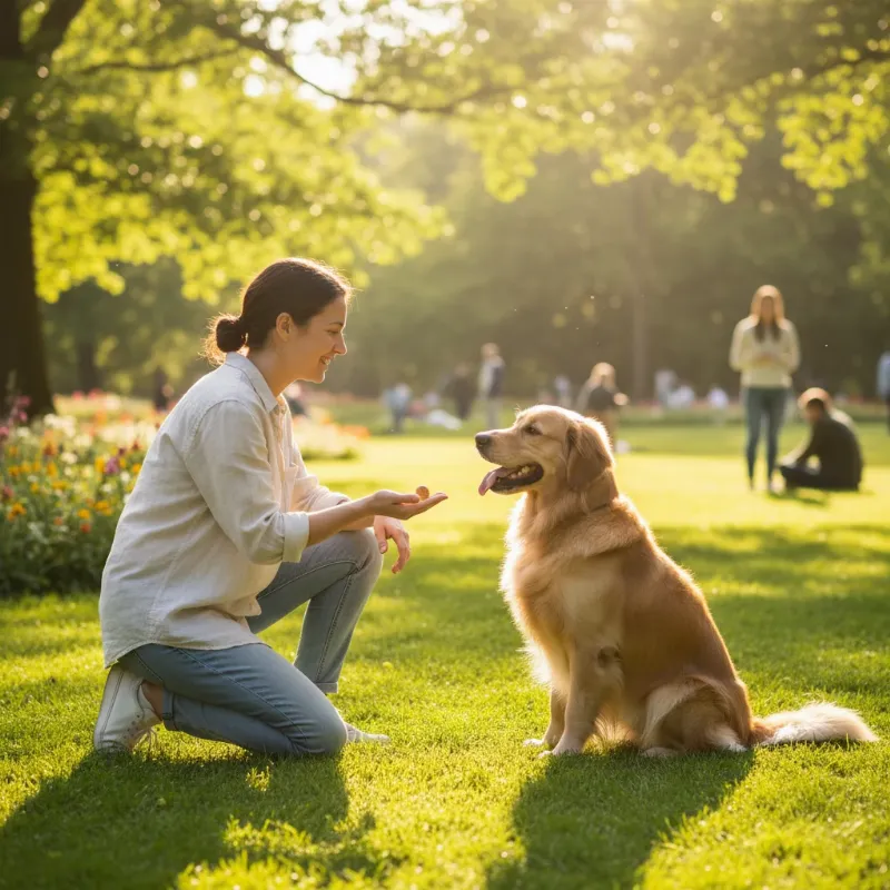 An image showing the core of Andrea Arden dog training with a smiling owner rewarding a happy Labrador with a treat for a successful 'sit' command.