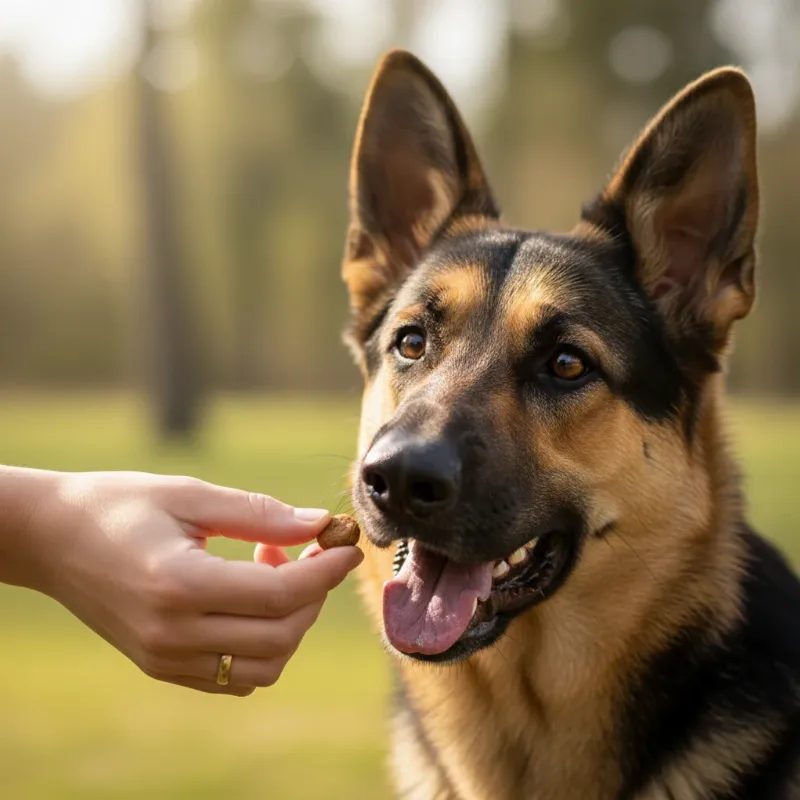 A close-up shot of a person's hand giving a treat to a happy German Shepherd during a dog training session in Bellingham WA.