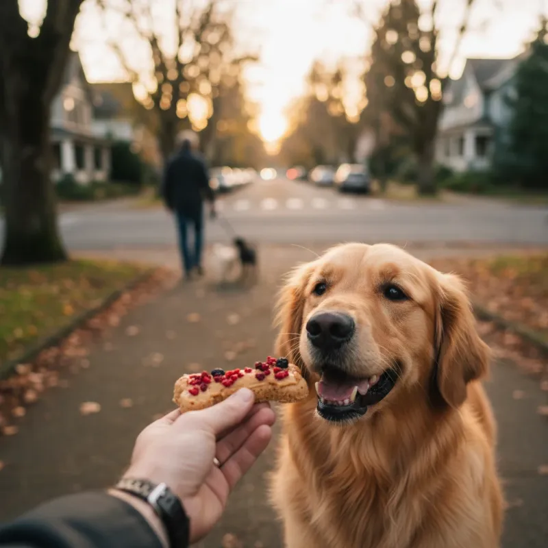 A dog owner giving a treat to their calm dog while another dog is visible in the far background in a Portland neighborhood, demonstrating counter-conditioning.