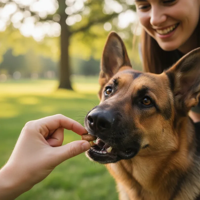 A person happily giving a treat to a German Shepherd dog that has just successfully performed the 'shake paw' trick in a sunny park, showcasing alpha k9 dog training.