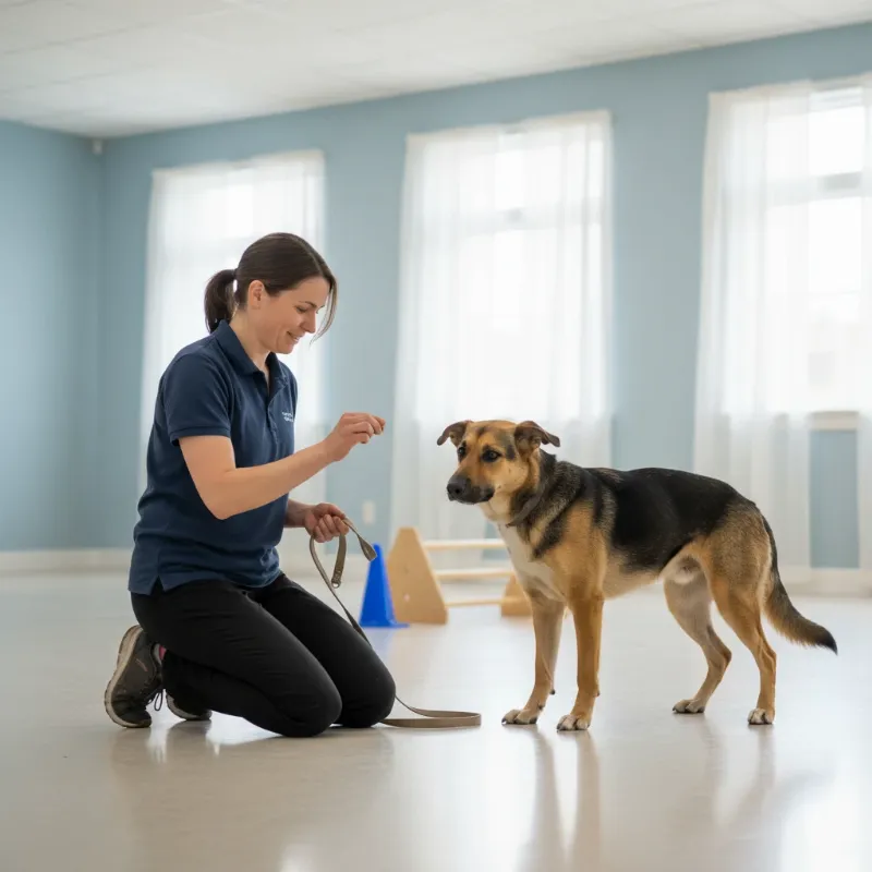 A dog trainer gently giving a treat to a slightly timid shepherd mix during an anxious dog training session in Wilmington