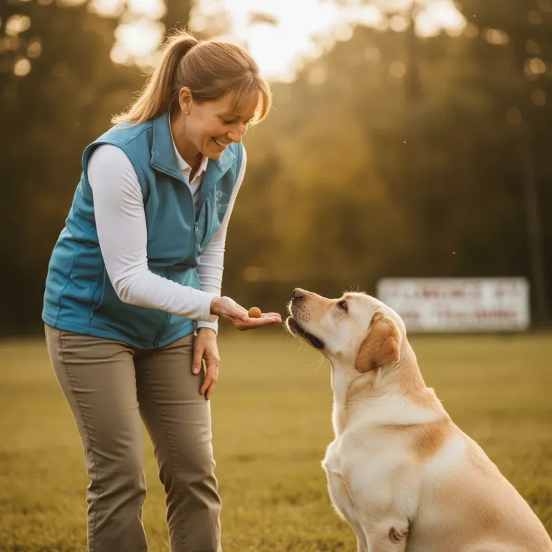 A close-up shot of a dog trainer in Florence, KY, giving a treat to a well-behaved Labrador during a one-on-one training session.