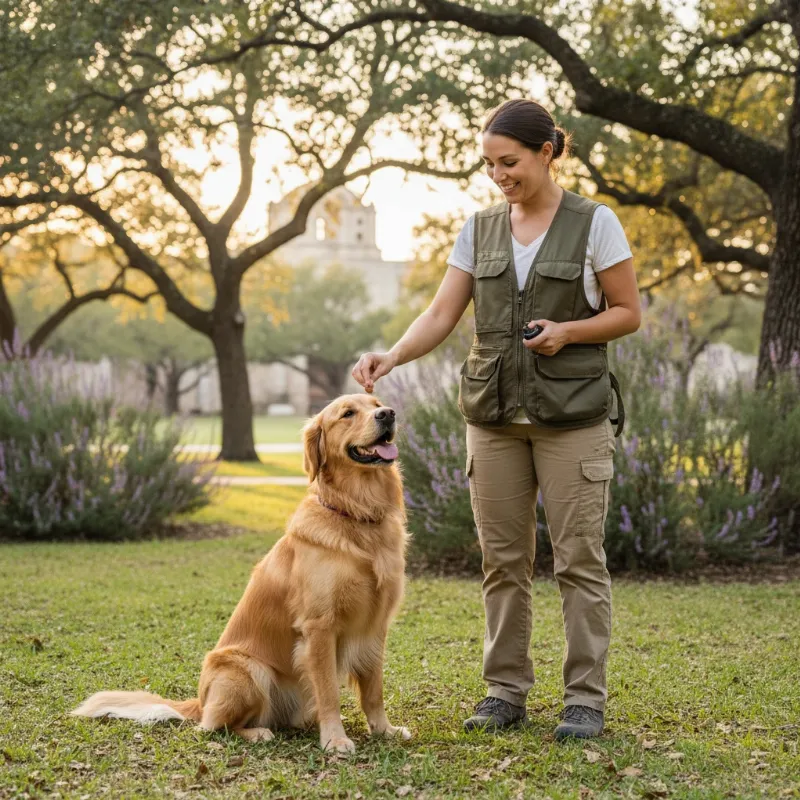 A female dog trainer in San Antonio, TX, smiles as she gives a treat to a happy golden retriever that has successfully performed a "shake" command in a sunny park.