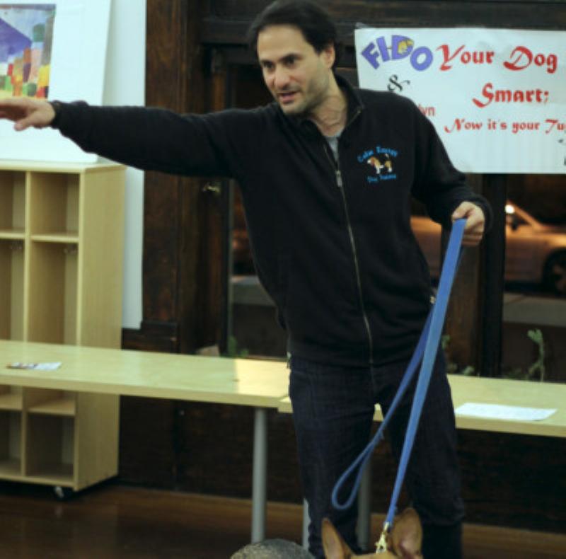 A professional dog trainer helping an owner teach their dog loose-leash walking on a busy Manhattan sidewalk.
