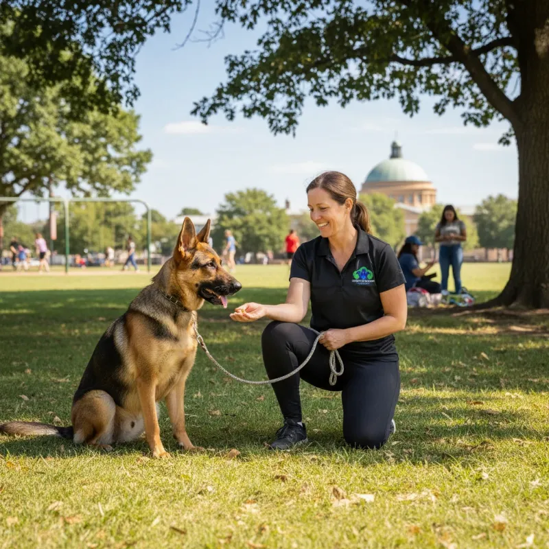 A professional and friendly dog trainer in Lawton OK giving a treat to a German Shepherd for a successful 'sit' command during a one-on-one session outdoors
