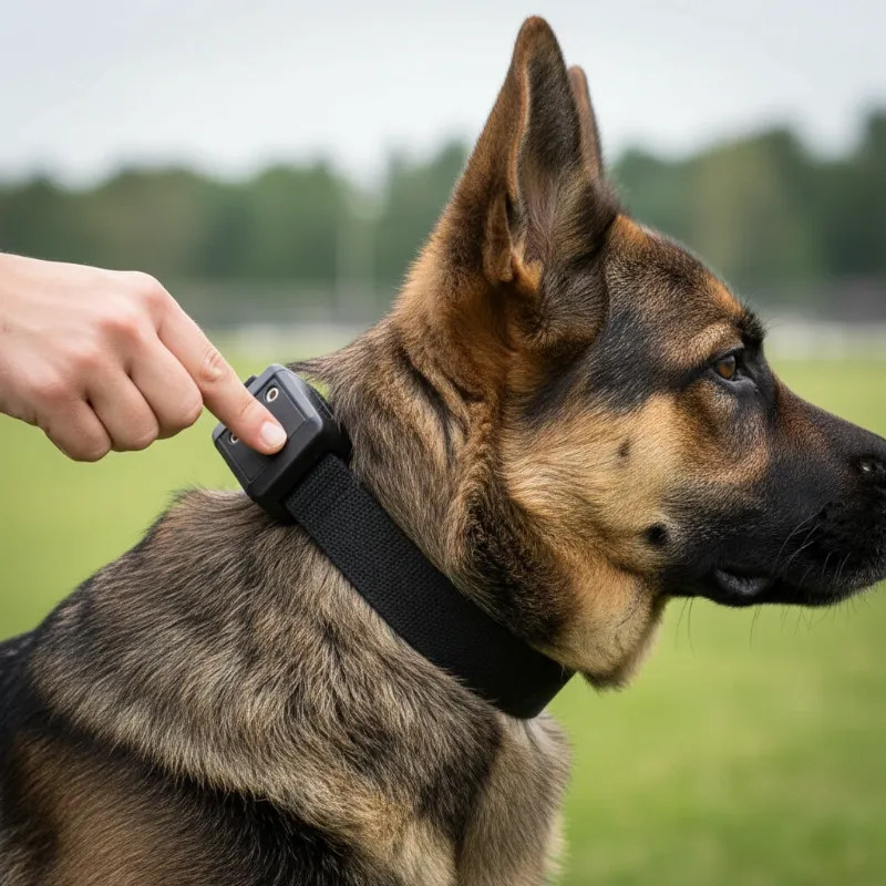 A close-up view of an e-collar correctly fitted on a German Shepherd's neck, showing the two-finger rule for snugness. 