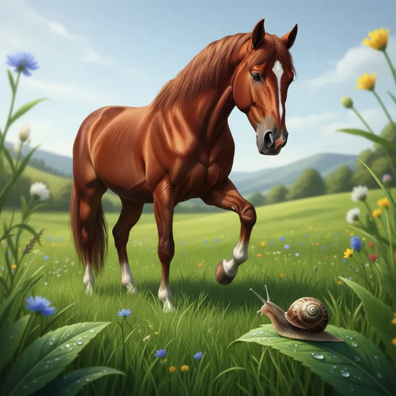 The horse and the snail moral story depicted by a magnificent, proud horse looking down its nose at a tiny, determined snail at the starting line of a race in a sunny meadow.