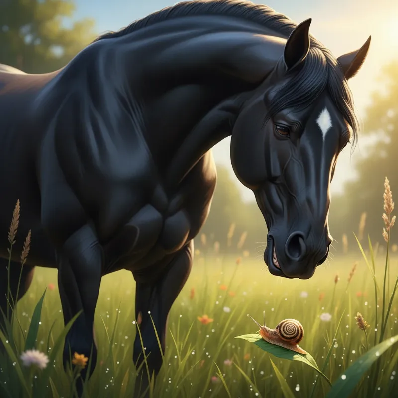 A detailed, photorealistic image of a majestic, proud brown horse looking down its nose at a tiny, determined snail on a vibrant green leaf, capturing the dynamic of the horse and snail story.