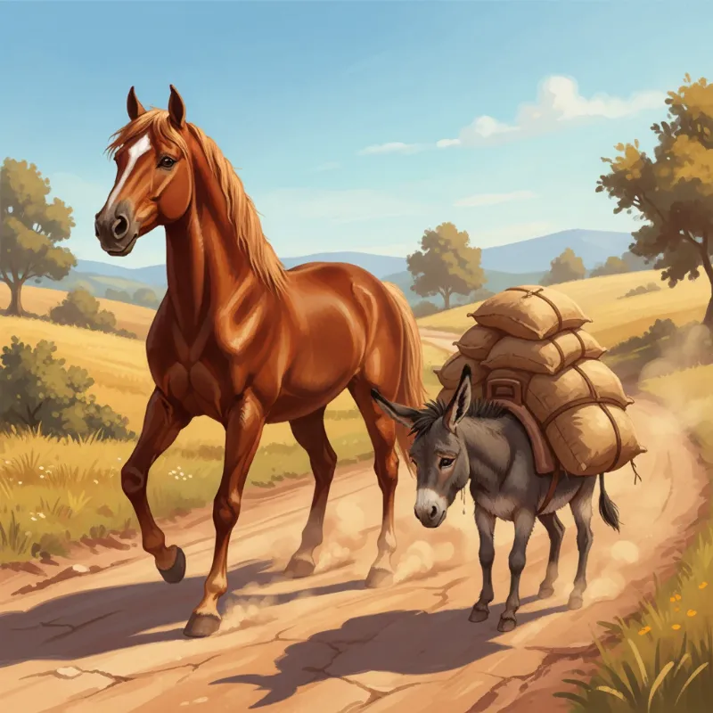 A vibrant illustration of the horse and the donkey story PDF, showing a proud, unburdened horse walking beside a donkey struggling under a heavy load on a sunny day.