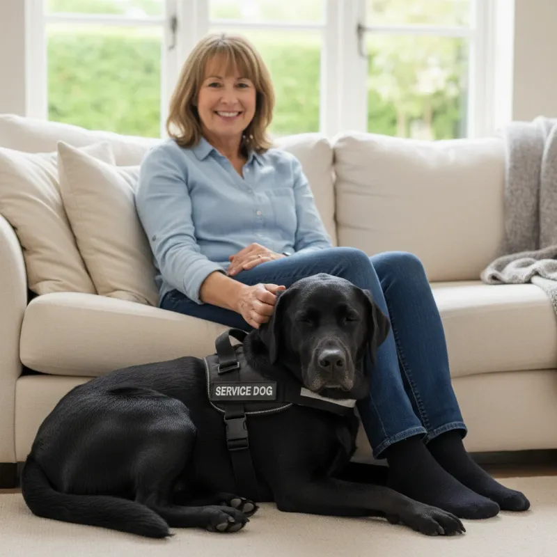 A black Labrador provides deep pressure therapy by resting its head on its owner's lap, a key task in psd dog training.