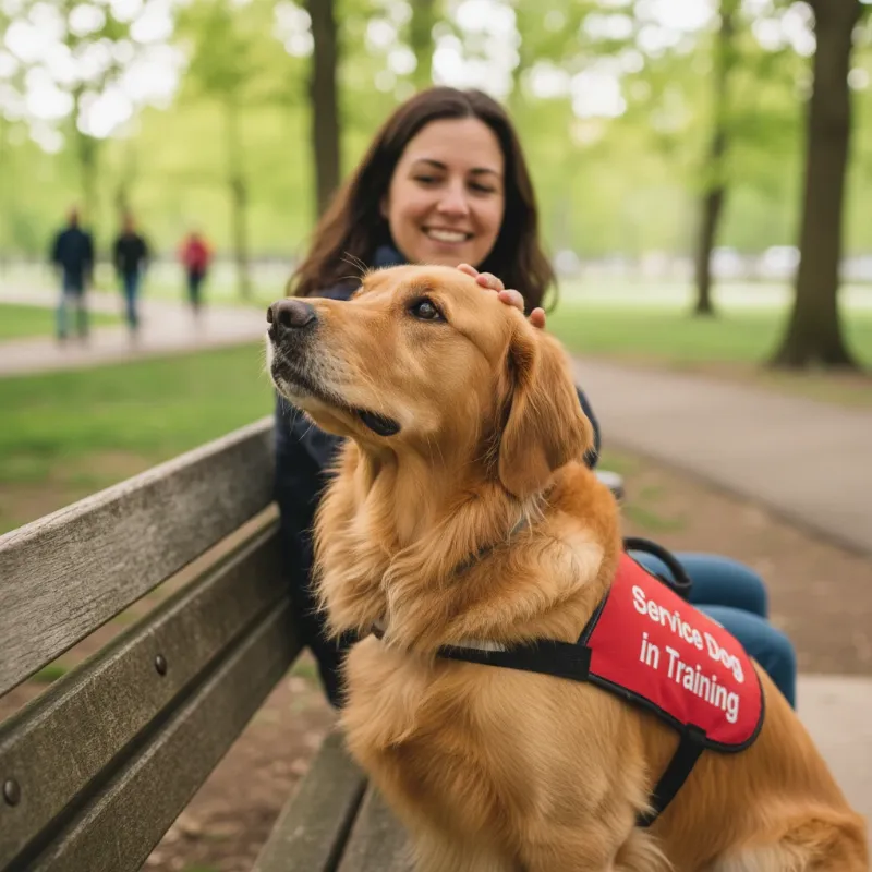 A calm golden retriever wearing a red service dog vest sits attentively next to its owner on a park bench, demonstrating the focus required for PSD dog training near me.