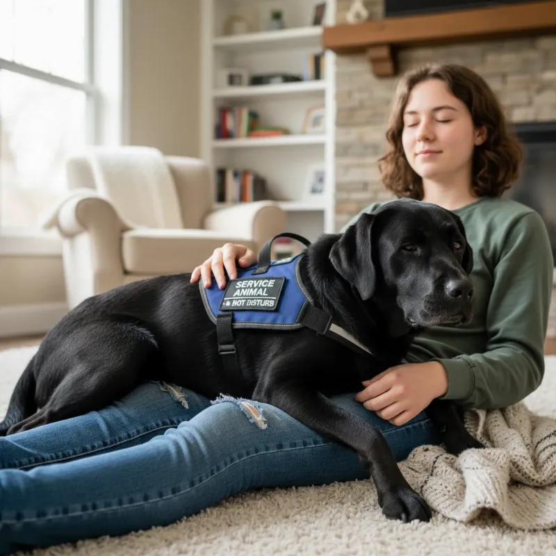 A person is sitting on a couch looking distressed, and a black Labrador psychiatric service dog is performing a deep pressure therapy task by laying its body across their lap, illustrating a key part of service dog training Indianapolis.