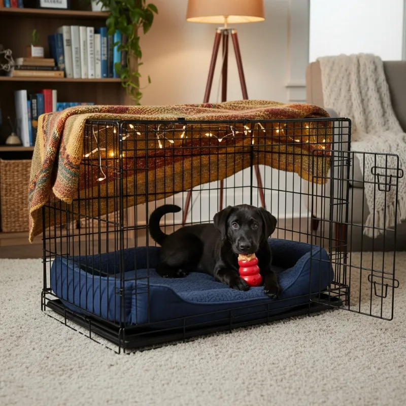 A happy labrador puppy lying down inside a comfortable crate with the door open, happily chewing on a durable toy.