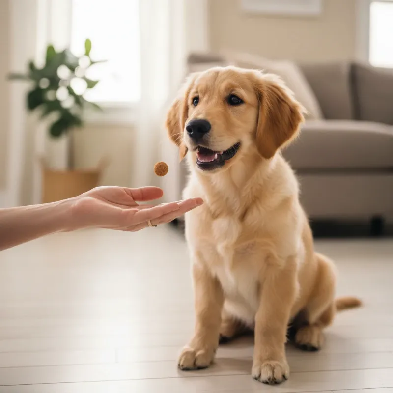 A small, fluffy Golden Retriever puppy looking up attentively at its owner, practicing the 'sit' command for a treat. This image captures the essence of the best age to train a dog.