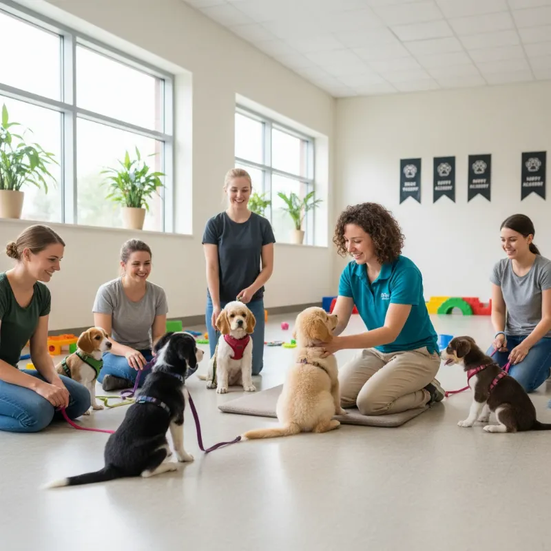 A diverse group of puppies in a training class in Carrollton, Texas, learning to socialize and sit calmly, with a trainer guiding an owner.